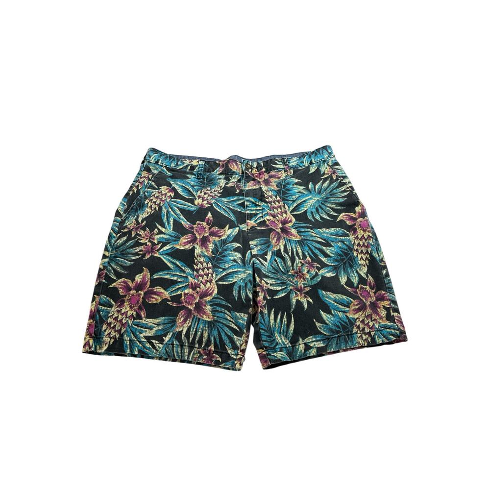 George Shorts Size 36 Tropical Pineapple Print Black Floral Cotton Stretch